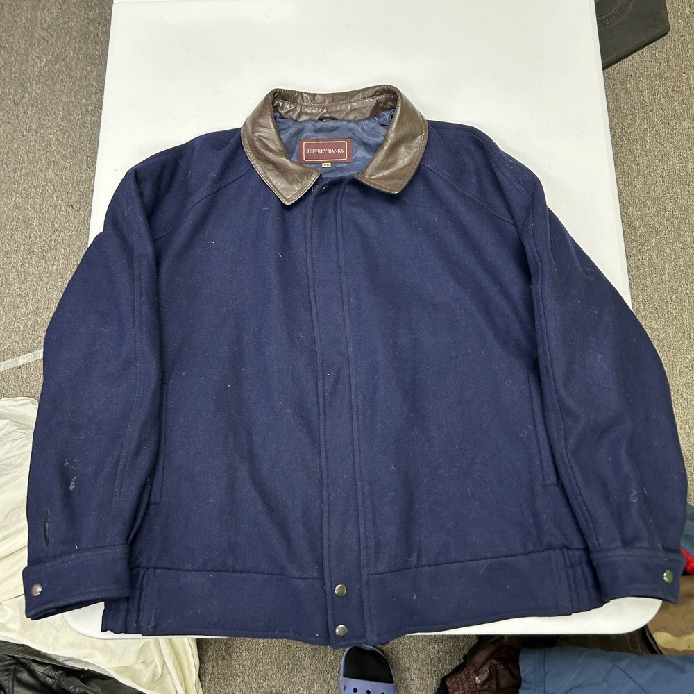 Jeffrey Banks Wool Bomber Jacket Mens 46 Navy Blue Leather Collar Vintage